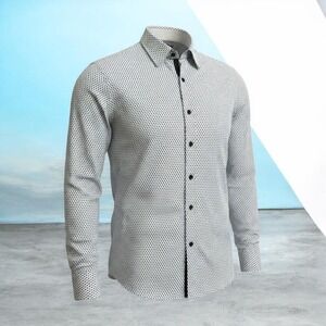 Hugo Boss Slim Fit Mens Long Sleeve Blue Black White Geo Pattern Dress Shirt L